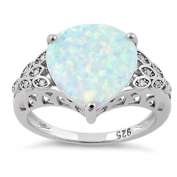 925 STERLING SILVER Lab Created White Fire Opal & CZ Ring - Picture 15 of 16